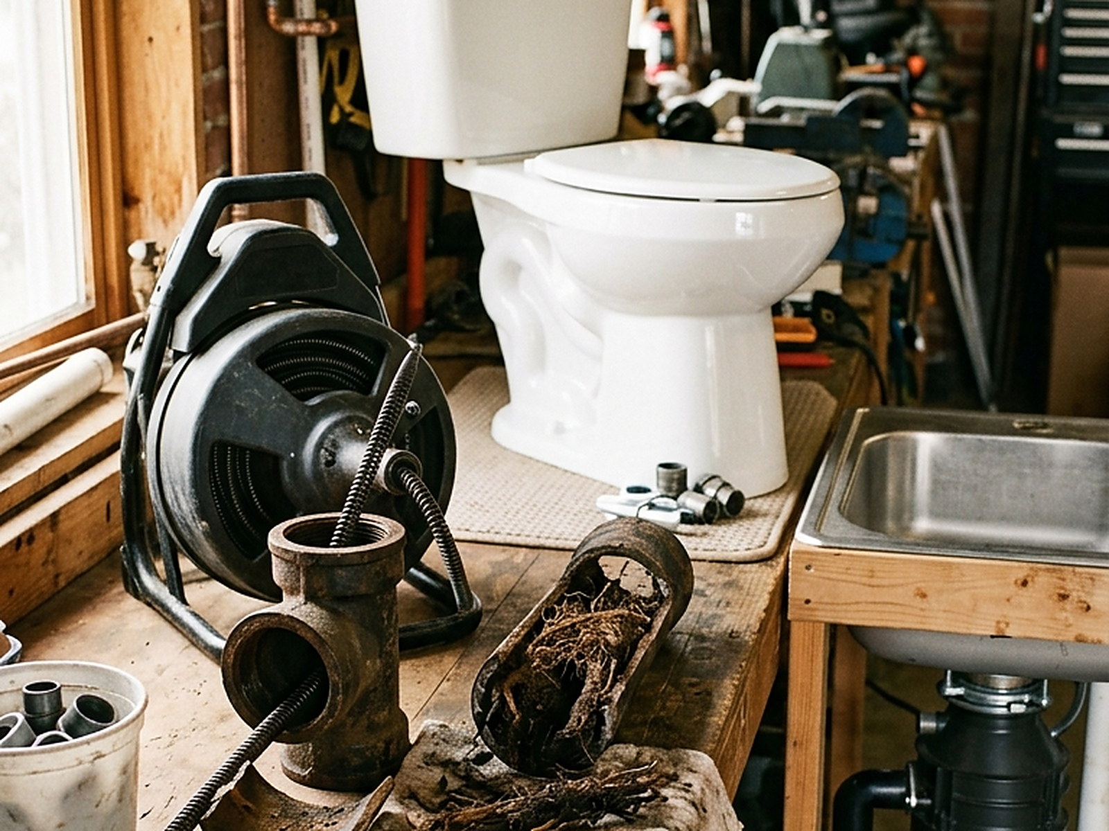 Illustrated — the drum machine and cable, a split pipe of roots, a new toilet and a disposal under the bench sink