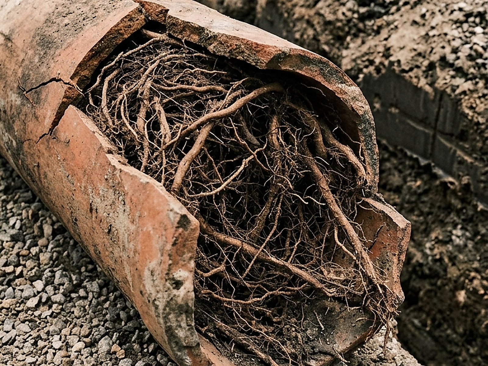 Illustrated — a section of old clay sewer pipe split open on the gravel, packed solid with roots