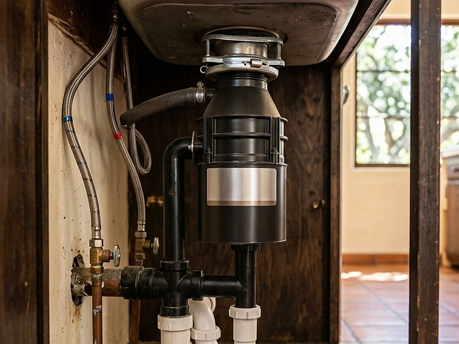 Illustrated — a new garbage disposal fitted under a stainless kitchen sink, with the black waste arm, white traps and braided supply lines
